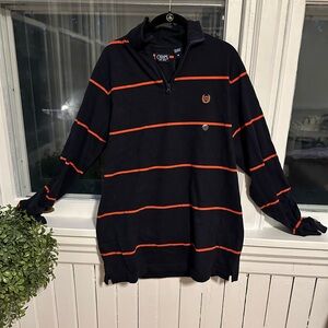 Navy quarter zip sweater, orange stripes